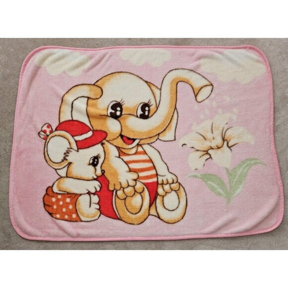 VTG Pink Blanket Elephant Watering Flower Mouse Throw Lap Acrylic Brown Red - Picture 4 of 7